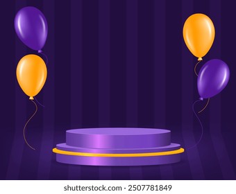Halloween room striped wall vector background with purple podium and flying balloons for design
