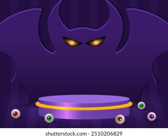 Halloween room striped wall vector background with purple podium, colorful eyes and bat shape on the floor for design