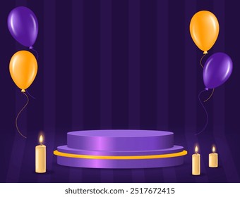 Fondo de Vector de pared rayado de la habitación de Halloween con podio púrpura, globos voladores y velas en el piso para el diseño