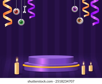 Halloween room striped wall vector background with purple podium, hanging ribbons, bones and candles on the floor for design