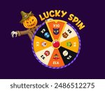 Halloween roulette spin, fortune wheel and scarecrow cartoon character, vector trick or treat night party casino game. Halloween holiday fortune wheel, funny cats, zombie, alien and mummy personages