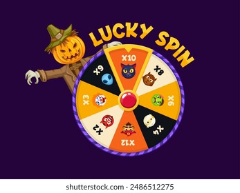 Halloween roulette spin, fortune wheel and scarecrow cartoon character, vector trick or treat night party casino game. Halloween holiday fortune wheel, funny cats, zombie, alien and mummy personages