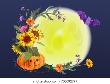 Halloween round card: pumpkin with eyes, flowers (sunflowers, gerbera daisy, thistle), prickly branches, bat, the moon, dark background. Illustration, mock-up, template frame, design, vector