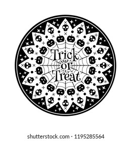 Halloween round card with sculls and pumpkins. Сelebration banner or sticker. Trick or treat text