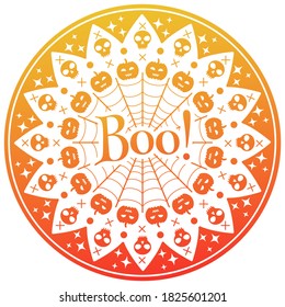 Halloween round card with skulls and pumpkins. Celebration banner or sticker with greetings text boo