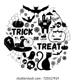 Halloween round composition, black and white vector. Vector set of scary objects.