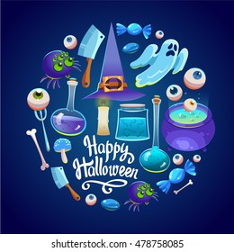 Halloween Round composition. Funny background with scary objects. Vector set with eyes, potion, spider, candy, bringing, witches hat in cartoon style.