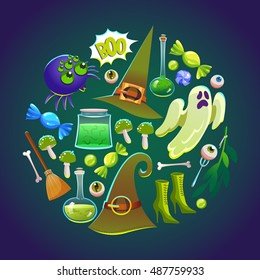 Halloween Round composition. Funny background with scary objects. Vector set with eyes, potion, spider, candy, bringing, witches hat in cartoon style.