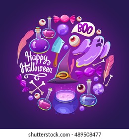 Halloween Round composition. Funny background with scary objects. Vector set with eyes, potion, spider, candy, bringing, witches hat in cartoon style.