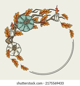 Halloween round design with text area. Autumn october pumpkins and leaves