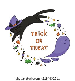 Halloween round frame with a black cat and cartoon-style ghosts. Vector illustration for print, design, postcards with the inscription trick or treat.
