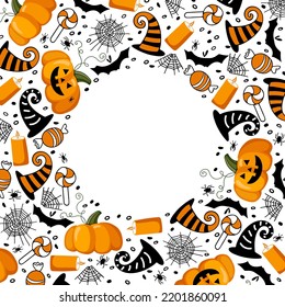 Halloween Round frame with black orange Pumpkins, candle, witch hat, bat, spider, cobweb. Hand drawn autumn vector circle frame with copy space. Cute greeting card. Halloween holidays sketch design