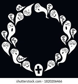 Halloween round frame with ghosts. Holiday border, background for greeting cards, invitations, parties, posters, banners