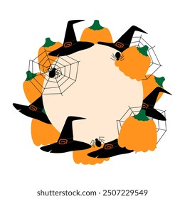 Halloween Rundrahmen mit Kürbissen, die Hüte, Spinnen und Spinnweben. Begrüßungskonzept Copyspase