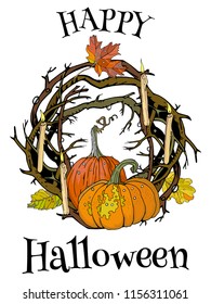 Halloween round gothic branches wreath with pumpkins, candles and leaves. Garland for invitation, greeting card, advertisement. Autumn, vintage, magic, harvest, October, November.