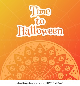 Halloween round mandala card with skulls and pumpkins. Orange to yellow gradient color. Banner for holiday celebration