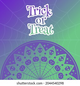 Halloween round mandala greeting card with skulls and pumpkins. Gradient color. Banner for holiday celebration