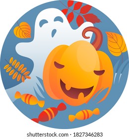 Halloween round minimalistic flat illustration with kawaii pumpkin and a funny ghost. There are autumn leaves and candy around them.