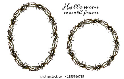 Halloween round and oval branches frames. Wreath for invitation, greeting card, pattern design, decoration, textile, advertisement. Vintage, gothic, Halloween, magic, October, November.