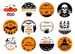 Halloween, Round Sign With Quotes Happy Halloween, Haunted House, Trick Or Treat. Set Of Halloween Symbols Or Emblem Designs. Holiday Illustration For Badges And Cards.