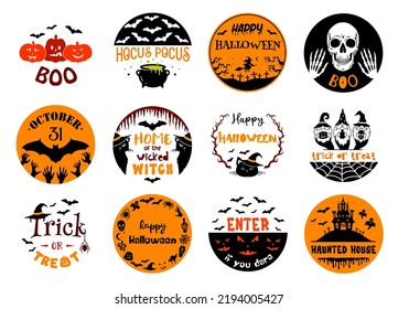 Halloween, round sign with quotes happy halloween, haunted house, trick or treat. Set of Halloween symbols or emblem designs. Holiday illustration for badges and cards.