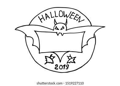 Halloween round sticker or label with a spooky bat. The rodent holds in his teeth a piece of parchment paper with an empty copy space. Vector illustration hand drawing sketch.
