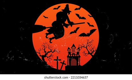 Halloween halloween round sticker. Witch on a broom flies into a haunted house. Big ominous moon, creepy dry trees, flying bats. banner for party invitation. Halloween vector illustration.