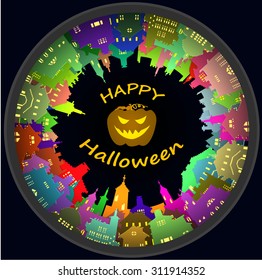 Halloween round town and lantern background, vector
