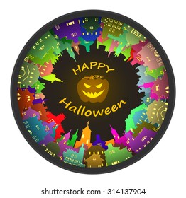 Halloween round town and lantern background, vector