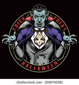 Halloween round vintage label with spooky vampire in cape isolated vector illustration