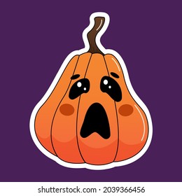 
Halloween sad pumpkin sticker. Pumpkin with a sad, frightened face. Vector illustration.