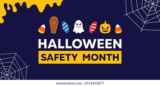 Mes de Seguridad de Halloween. Dulces, fantasmas, calabazas y más. Ideal para tarjetas, Anuncios, carteles, redes sociales y más. Fondo oscuro.