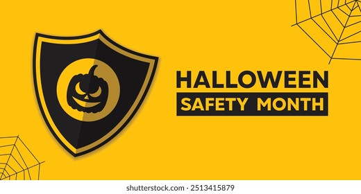 Halloween Safety Month. Shield and pumpkin. Great for cards, banners, posters, social media and more. Yellow background.