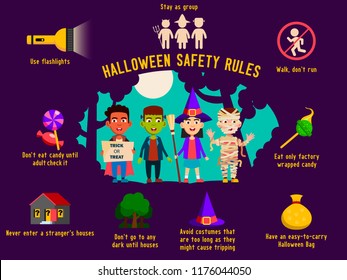 Halloween safety rules for kids, infographic layout template. With children in costumes of zombie, witch, vampire. Vector illustration