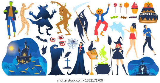 Halloween, saints day holiday scary objects set of vector illustration. Creepy monster, black cat, pumpkin, candle or rip, skull, bat, ghost. Pot and broom. Mystery, horror and All Saints Day.