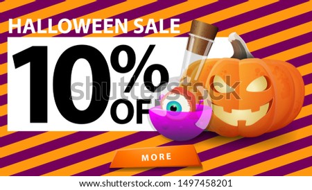 Halloween sale, up to 10% off, discount banner with halloween texture and pumpkin Jack and witch's potion