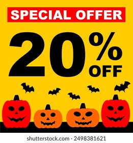 Halloween sale 20% off. Square promotion bussiness with spooky pumpkin to social media or print. Halloween sale sign