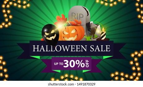 Halloween sale, up to 30% off, modern discount banner in the form of ribbon with Halloween ballons, tombstone and pumpkin Jack