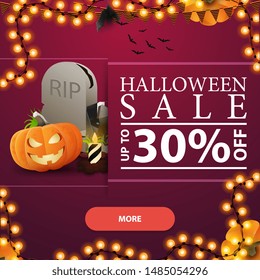 Halloween sale, up to 30% off, square pink discount banner with button, tombstone and pumpkin Jack