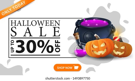 Halloween sale, up to 30% off, white horizontal discount web banner with water drop minimal design, witch's cauldron and pumpkin Jack