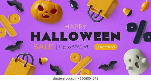 Halloween sale 3d vector banner design with shopping bags, percentage, pumpkin, ghost, bats and candies on purple background.