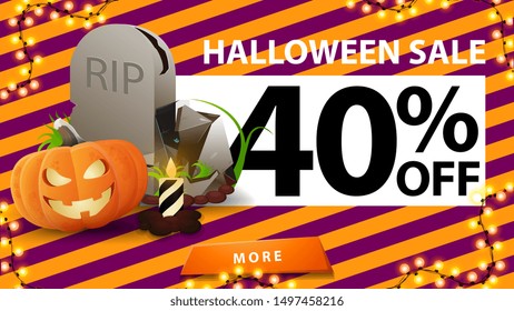 Halloween sale, up to 40% off, discount banner with halloween texture, tombstone and pumpkin Jack