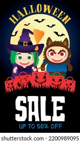 Halloween Sale 50% Discount Poster Funny Kids In Halloween Costumes Witch, Werewolf And Funny Packages. Vector Illustration