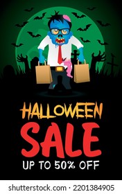 Halloween sale 50% discount poster, banner with zombie office worker. Halloween sale graphic design. Vector illustration