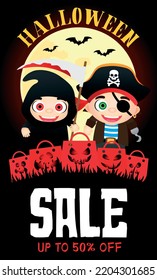 Halloween Sale 50% Discount Poster With Funny Kids In Halloween Costumes Pirate, Grim Reaper And Funny Packages. Vector Illustration