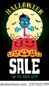 Halloween sale 50% discount poster with zombie office worker, pumpkins and packages. Vector illustration