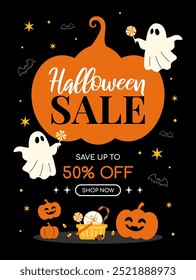 Halloween sale 50% discount poster design vector illustration. Spooky ghost with pumpkin