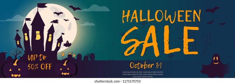 Halloween Sale up to 50% Off. Halloween Background. Vector Illustration. Halloween sale Invitation Concept in Traditional Yellow and Black Colors with Place for your Text. - stock vector