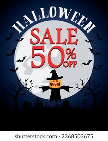 Halloween sale 50% off background with scarecrow pumpkin at a cemetery. Vector illustration