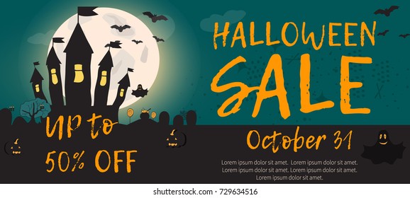 Halloween Sale up to 50% Off. Halloween Background. Vector Illustration. Halloween sale Invitation Concept in Traditional Yellow and Black Colors with Place for your Text. - stock vector